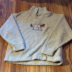 Embroidered Elk Sherpa Pullover - Cream